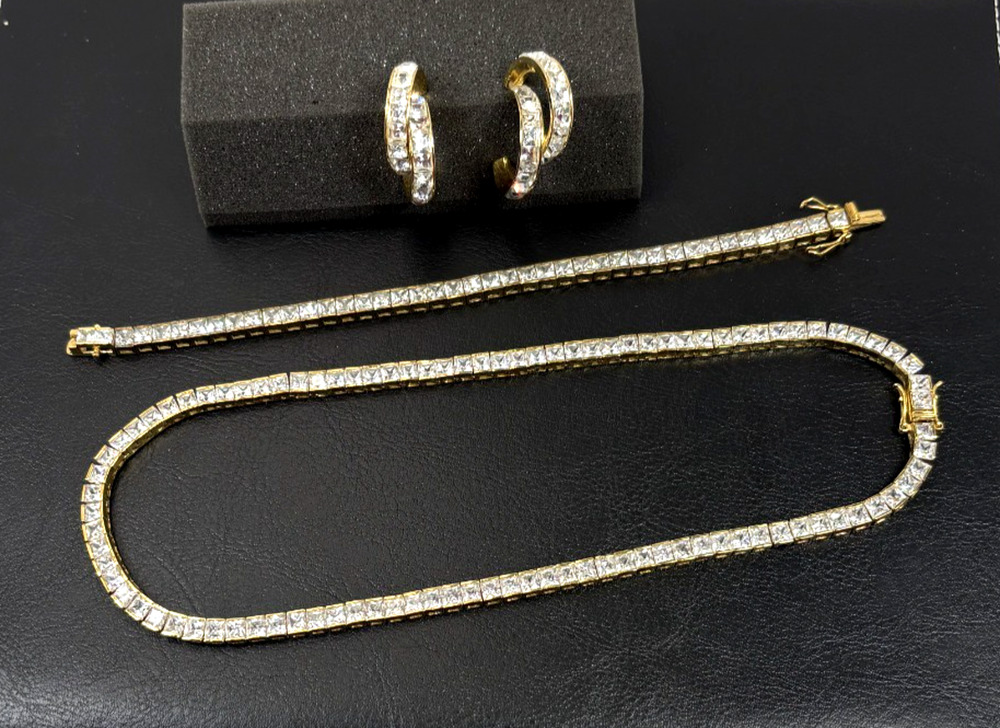 Vintage 925 CA Gold Plated Vermeil Princess CZ Tennis Necklace Set VERY NICE!